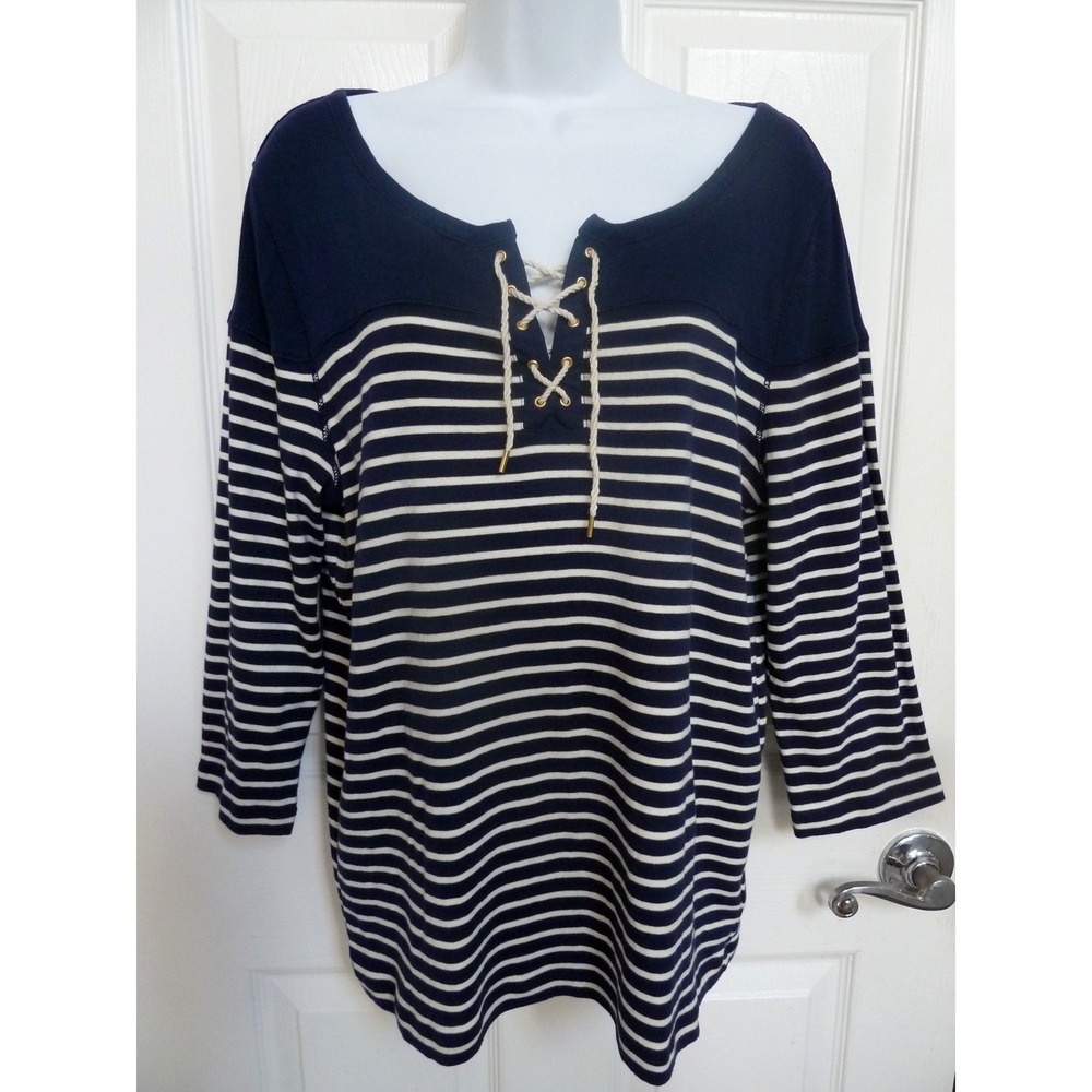 Lauren Ralph Lauren XL 16/18 Striped Tie Front Nautical Top Blue White